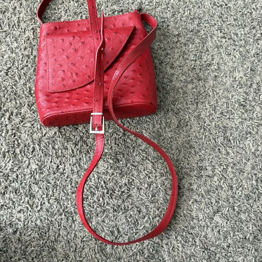Red Ostrich Leather Crossbody‎ Bag Textured Small Shoulder Purse Zip Top Pocket